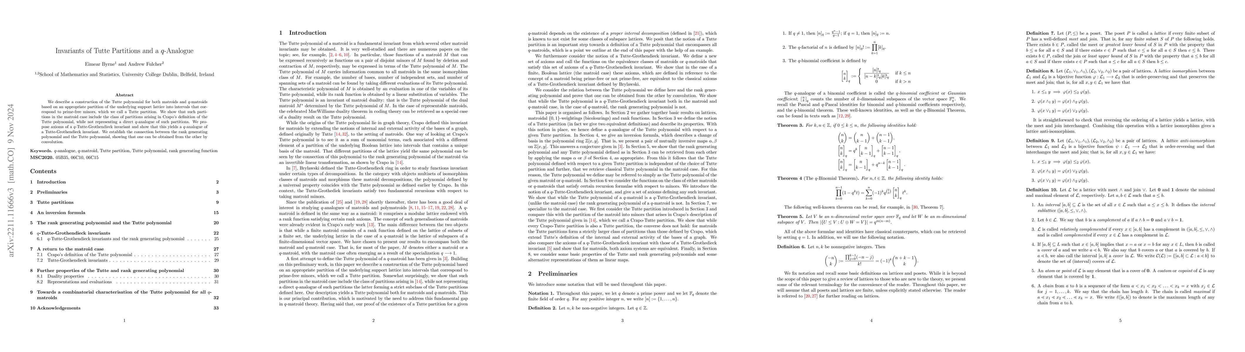 Thumbnail for Invariants of Tutte Partitions and a $q$-Analogue