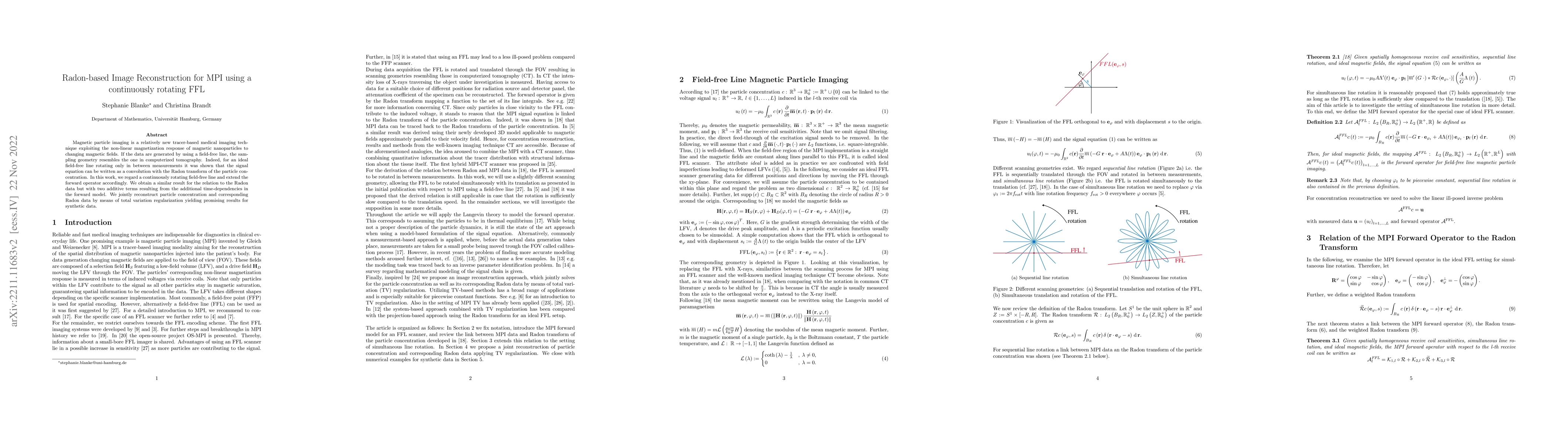 Thumbnail for Radon-based Image Reconstruction for MPI using a continuously rotating
  FFL