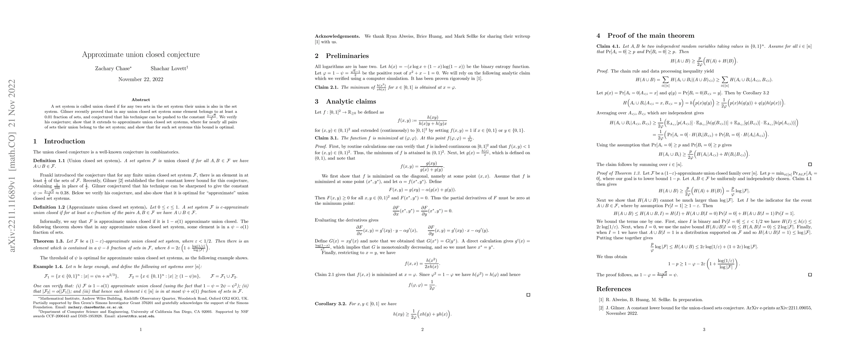 Thumbnail for Approximate union closed conjecture