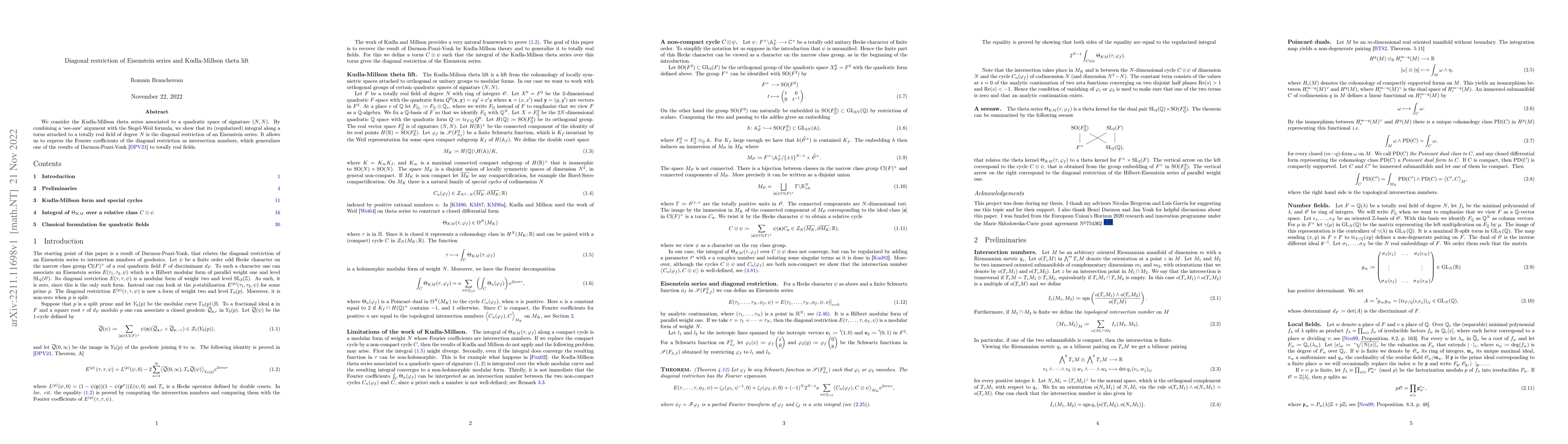 Thumbnail for Diagonal restriction of Eisenstein series and Kudla-Millson theta lift