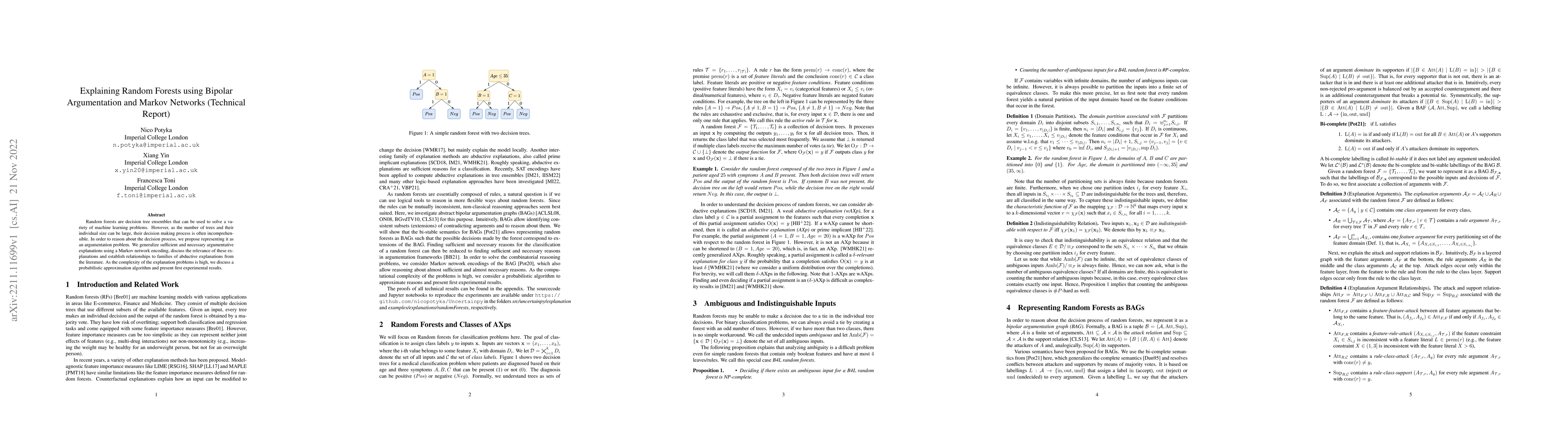 Thumbnail for Explaining Random Forests using Bipolar Argumentation and Markov
  Networks (Technical Report)