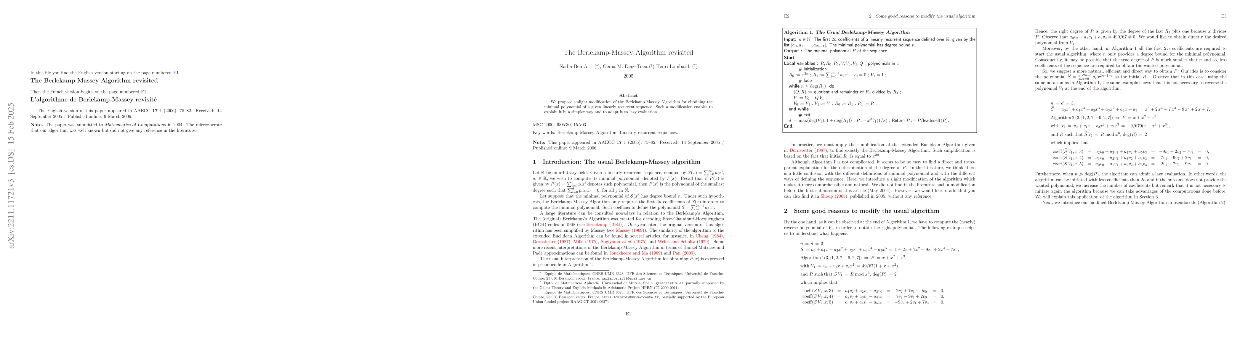 Thumbnail for The Berlekamp-Massey Algorithm revisited