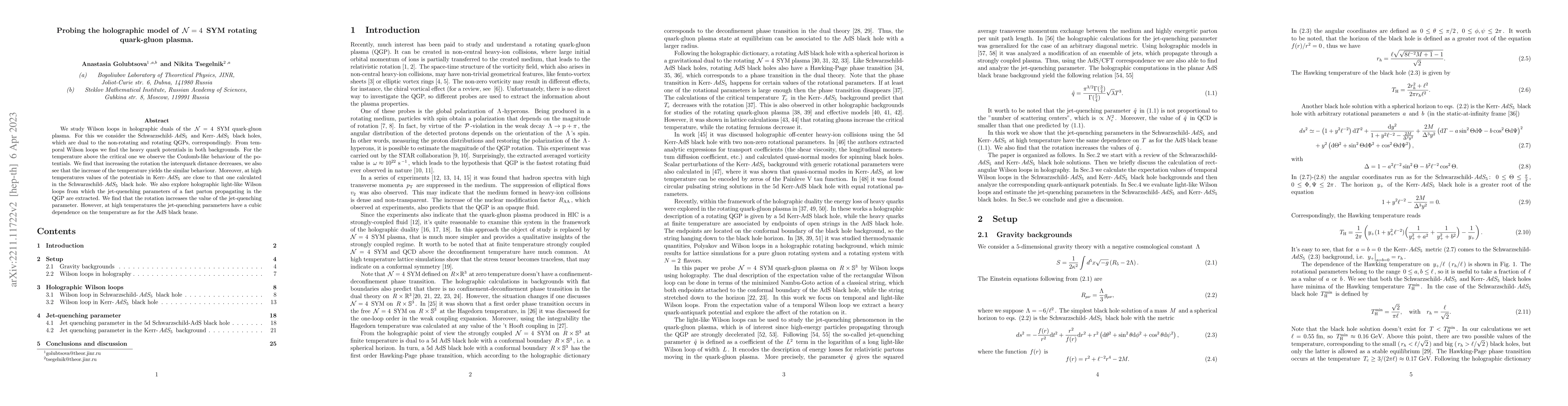 Thumbnail for Probing the holographic model of $\mathcal{N} =4$ SYM rotating
  quark-gluon plasma