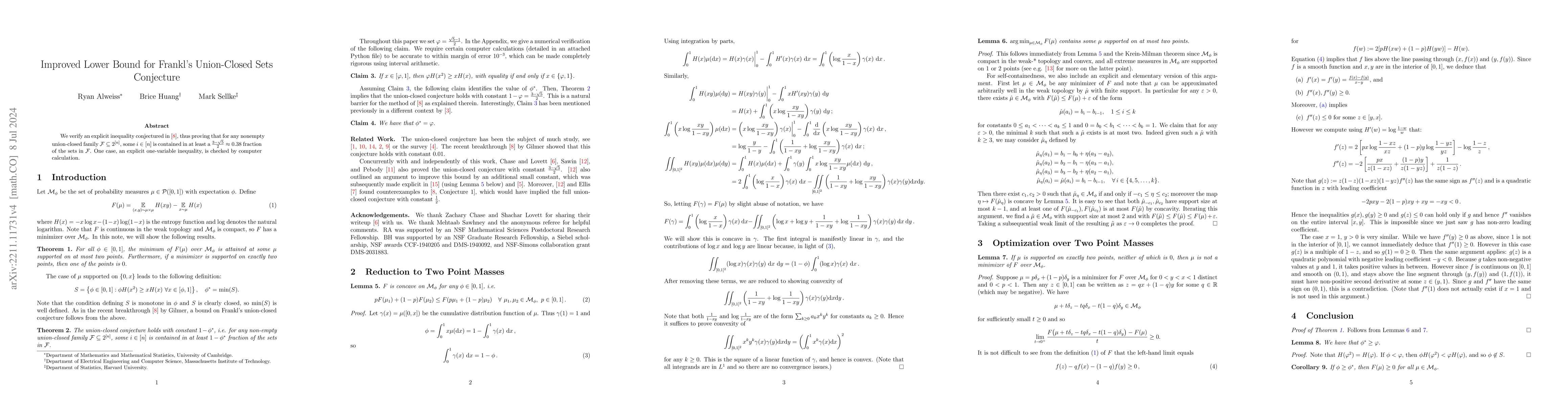 Thumbnail for Improved Lower Bound for Frankl's Union-Closed Sets Conjecture