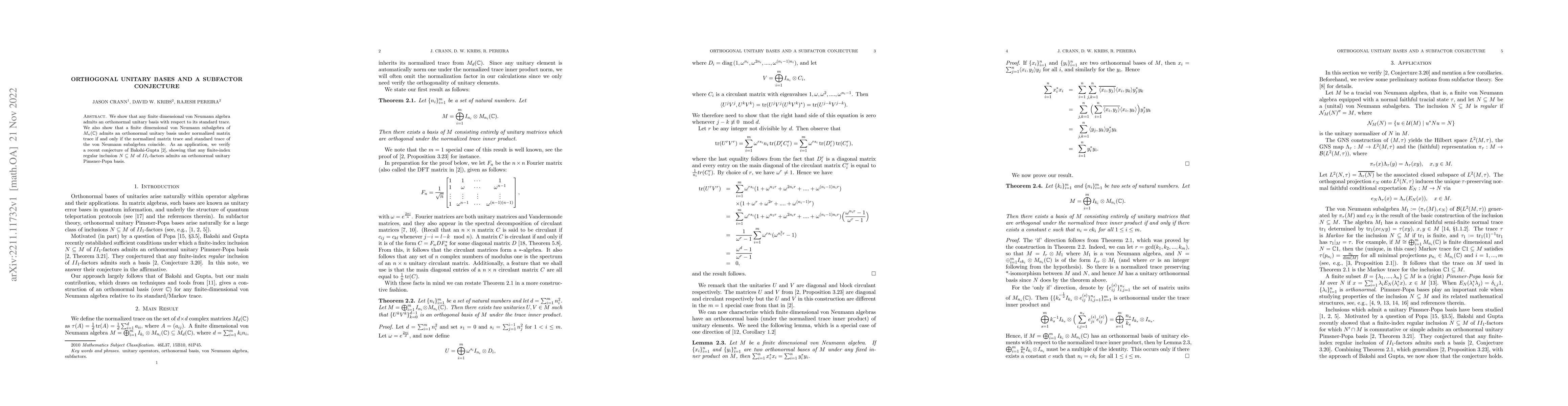 Thumbnail for Orthogonal Unitary Bases and a Subfactor Conjecture