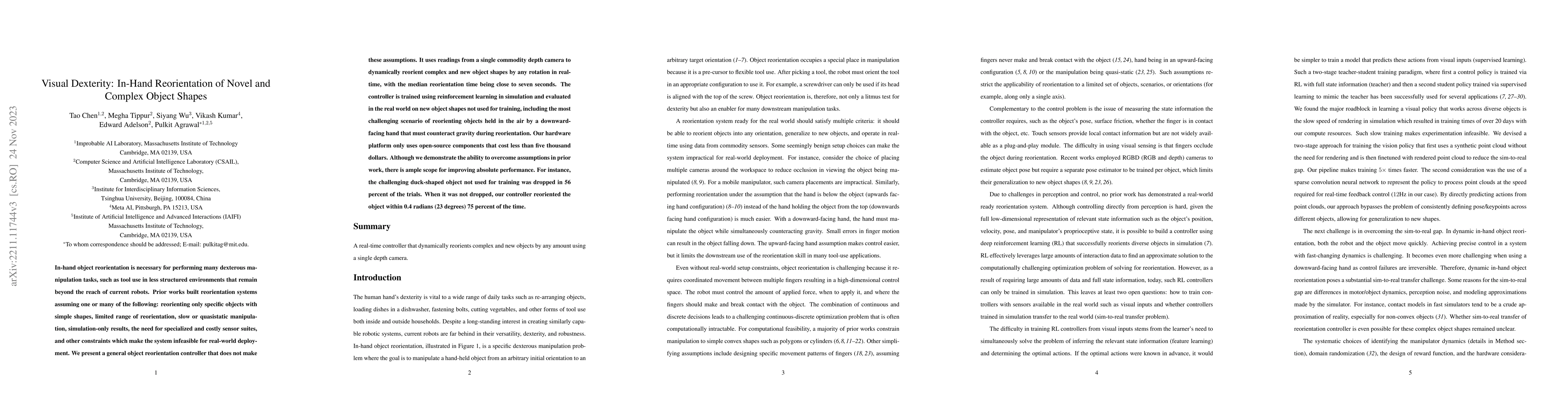 Thumbnail for Visual Dexterity: In-Hand Reorientation of Novel and Complex Object
  Shapes