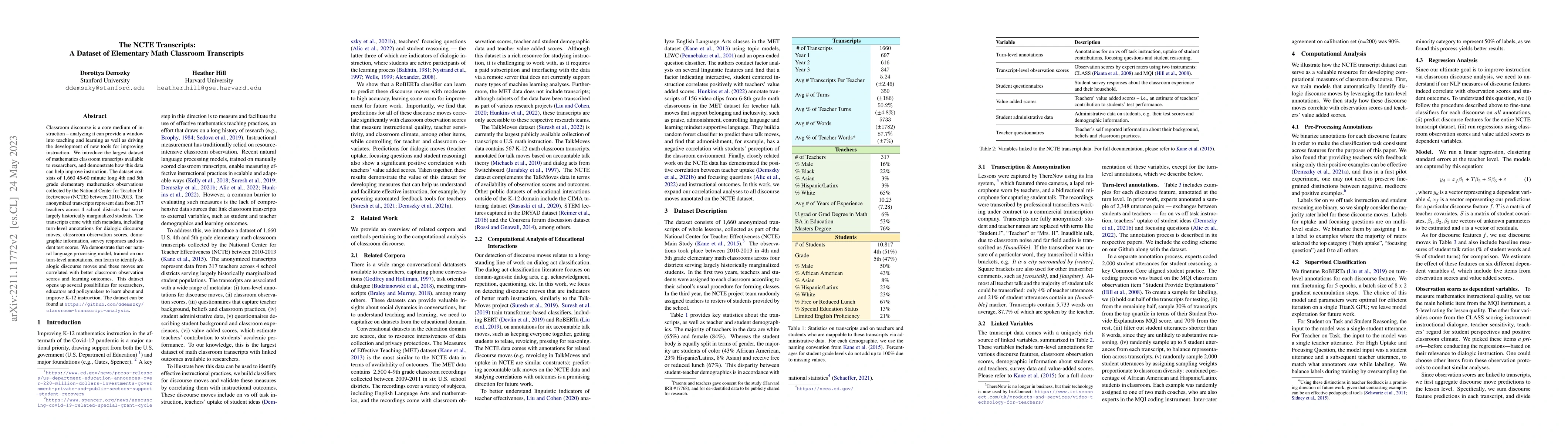 Thumbnail for The NCTE Transcripts: A Dataset of Elementary Math Classroom Transcripts