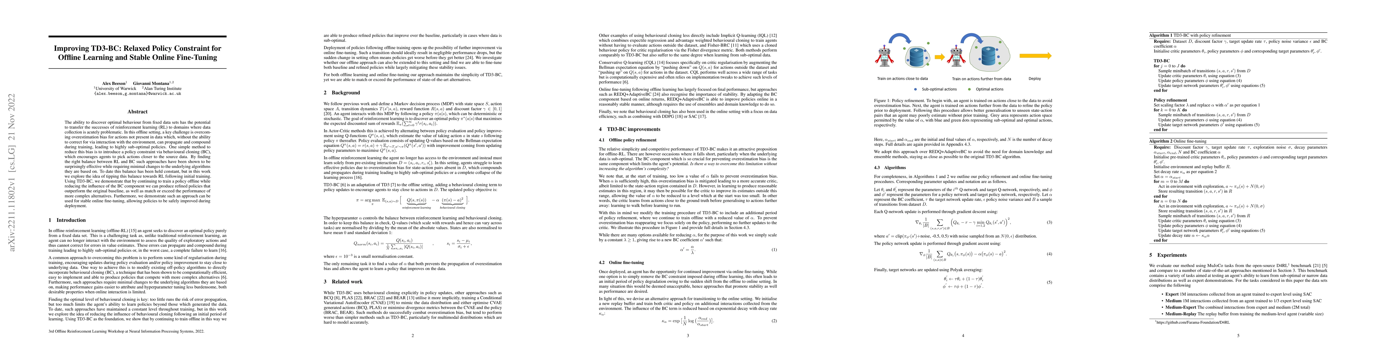 Thumbnail for Improving TD3-BC: Relaxed Policy Constraint for Offline Learning and
  Stable Online Fine-Tuning