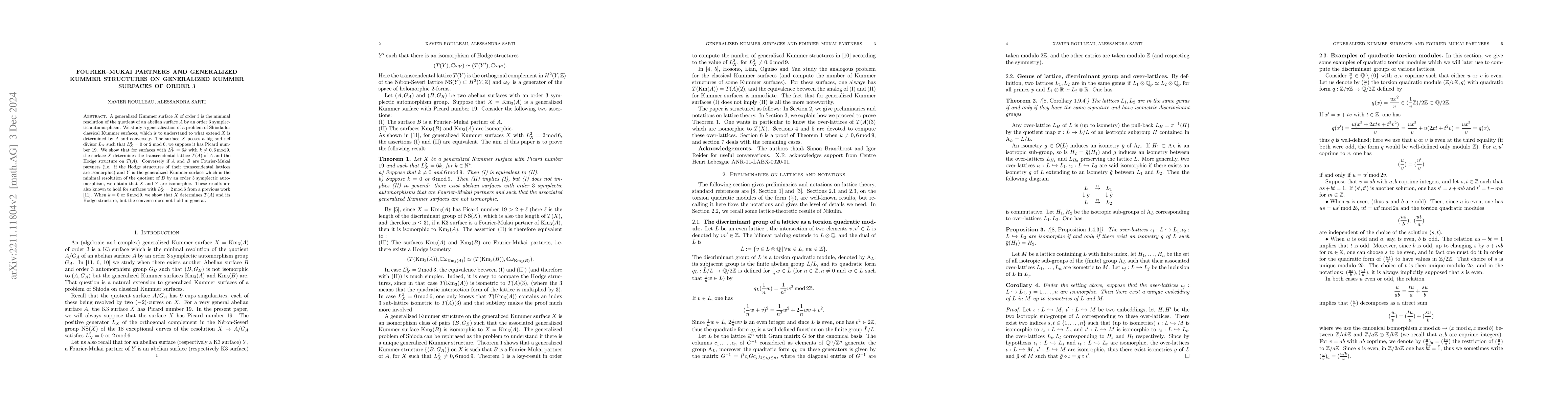Thumbnail for Fourier--Mukai partners and generalized Kummer structures on generalized
  Kummer surfaces of order $3$