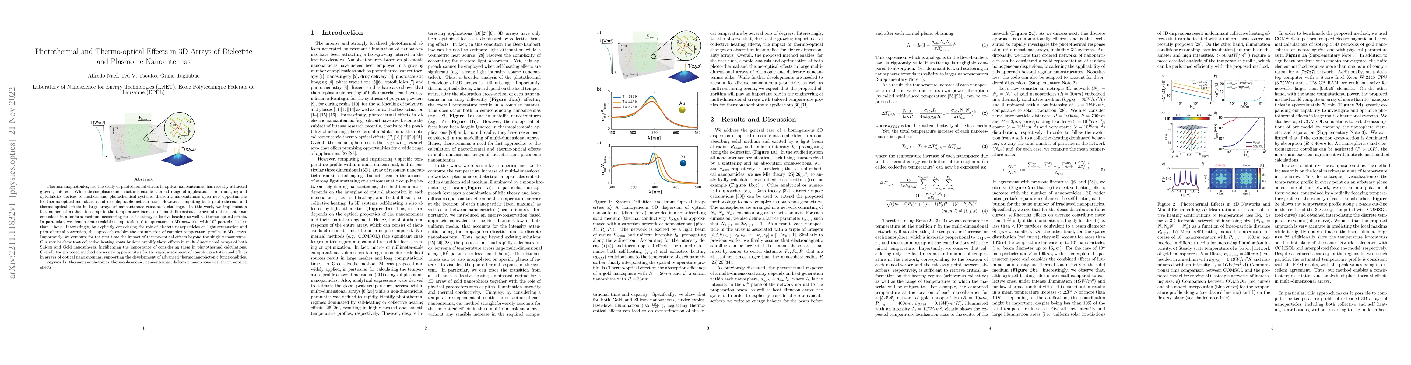 Thumbnail for Photothermal and Thermo-optical Effects in 3D Arrays of Dielectric and
  Plasmonic Nanoantennas