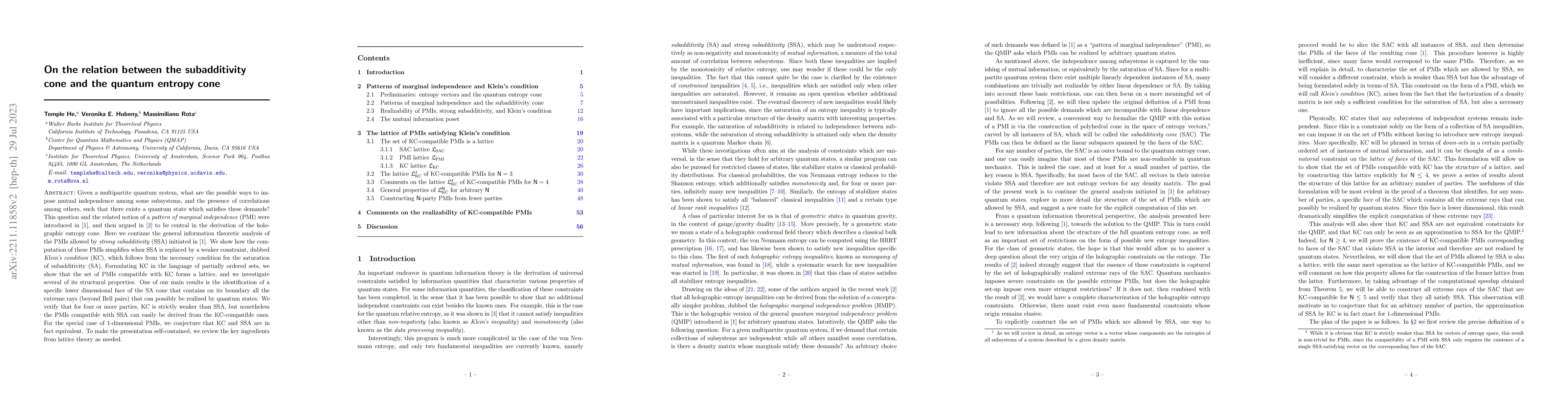 Thumbnail for On the relation between the subadditivity cone and the quantum entropy
  cone