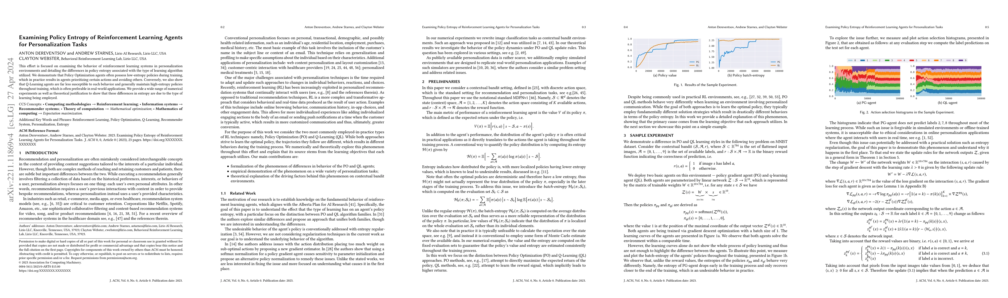 Thumbnail for Examining Policy Entropy of Reinforcement Learning Agents for
  Personalization Tasks