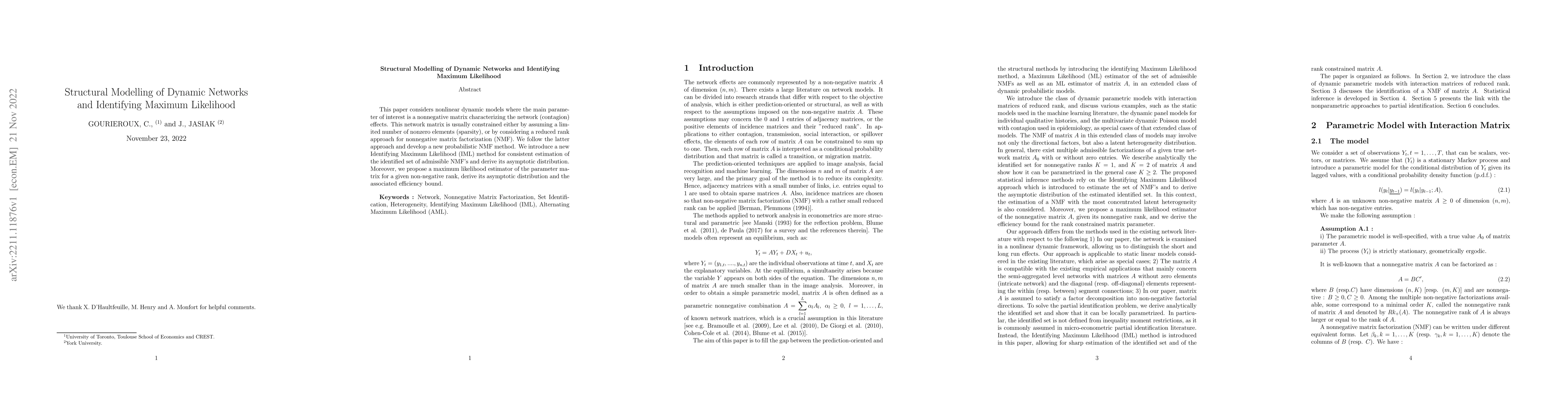 Thumbnail for Structural Modelling of Dynamic Networks and Identifying Maximum
  Likelihood