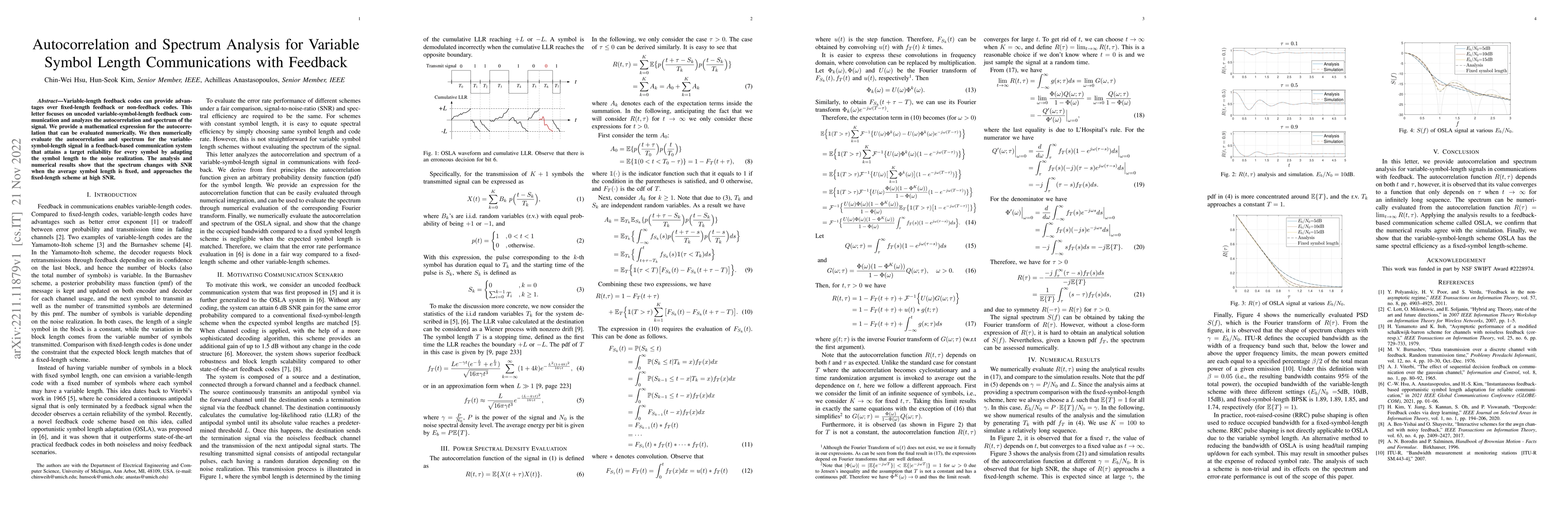 Thumbnail for Autocorrelation and Spectrum Analysis for Variable Symbol Length
  Communications with Feedback