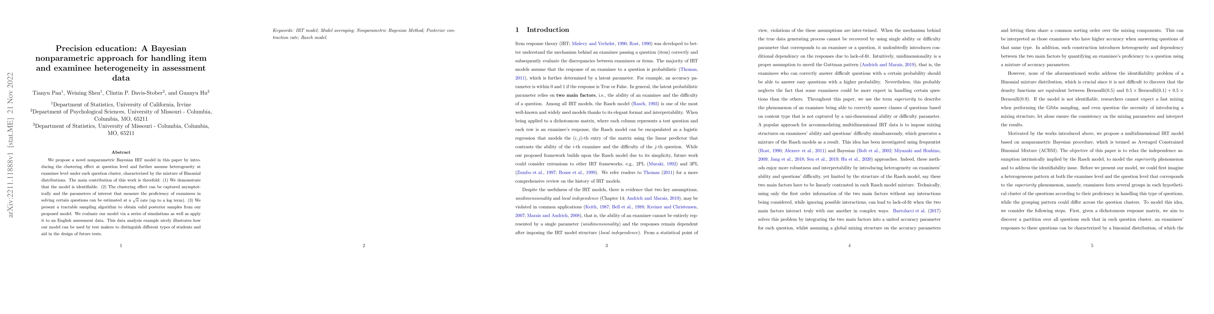 Thumbnail for Precision education: A Bayesian nonparametric approach for handling item
  and examinee heterogeneity in assessment data