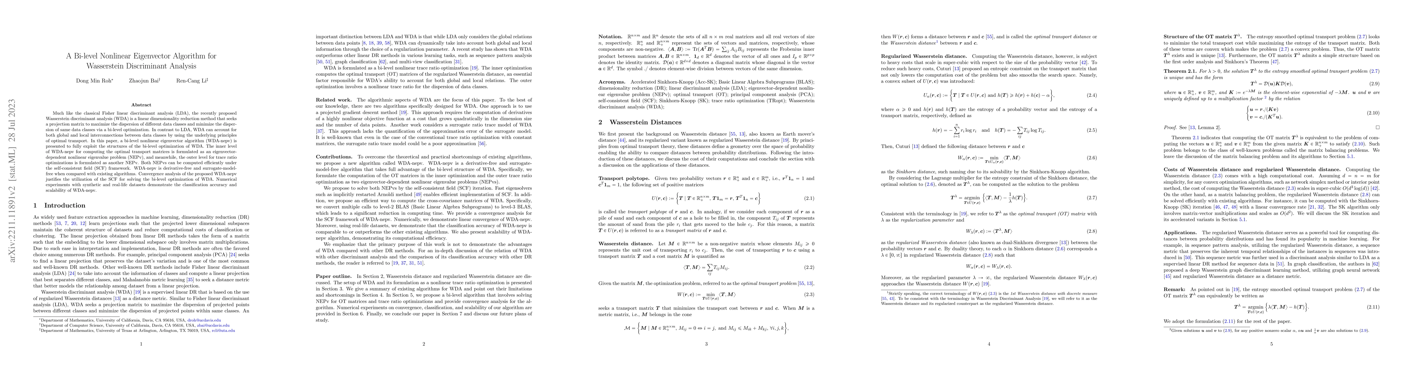 Thumbnail for A Bi-level Nonlinear Eigenvector Algorithm for Wasserstein Discriminant
  Analysis