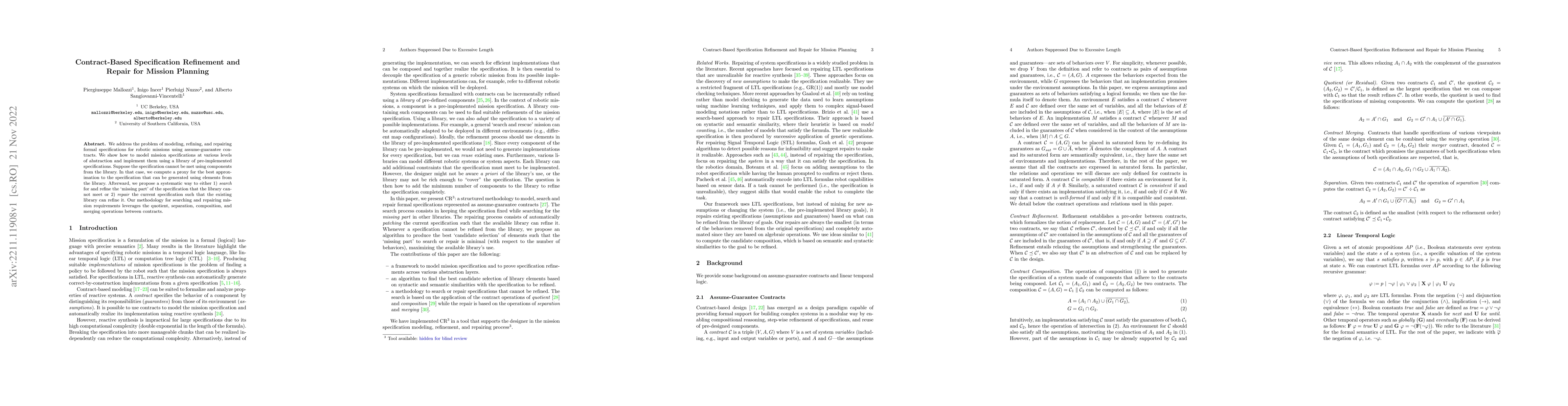 Thumbnail for Contract-Based Specification Refinement and Repair for Mission Planning