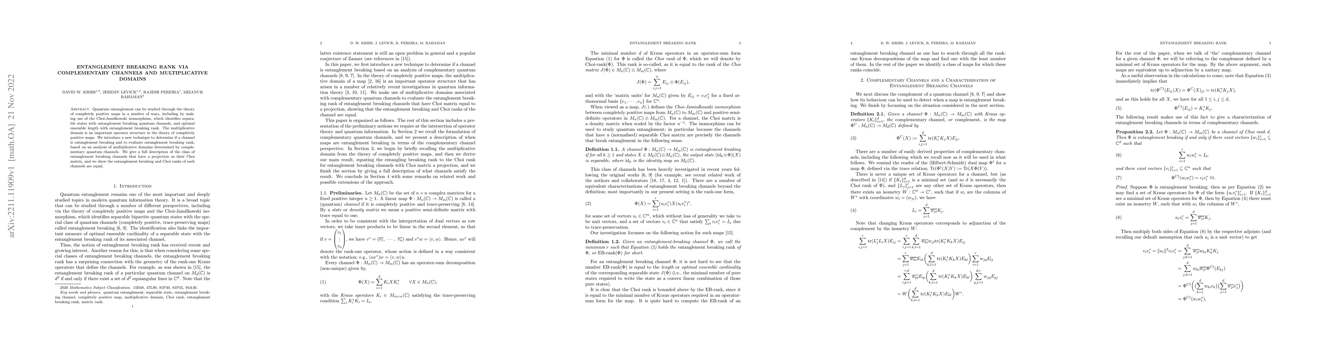 Thumbnail for Entanglement Breaking Rank via Complementary Channels and Multiplicative
  Domains