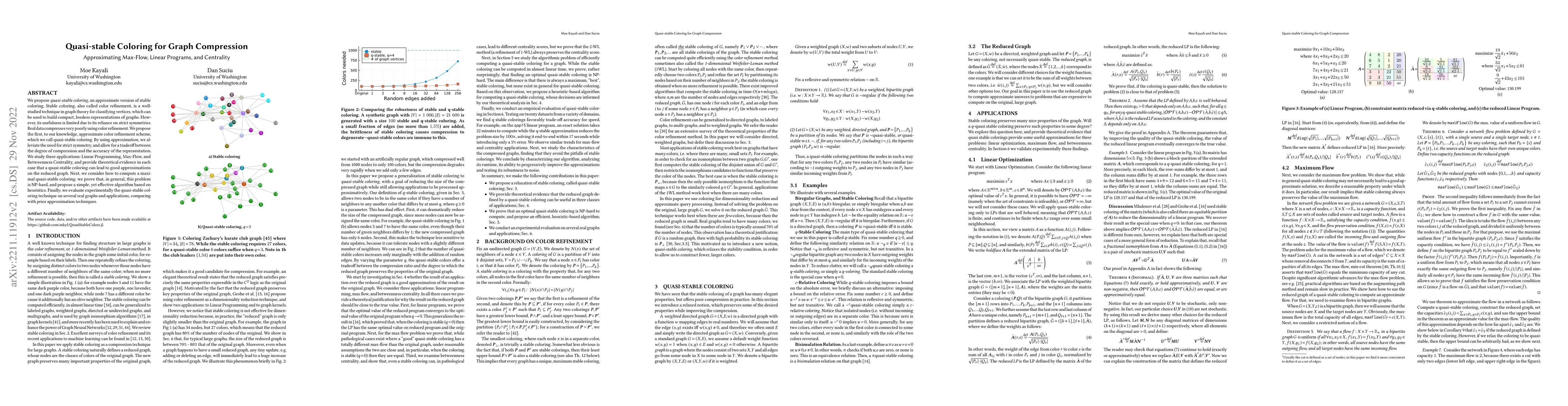 Thumbnail for Quasi-stable Coloring for Graph Compression: Approximating Max-Flow,
  Linear Programs, and Centrality