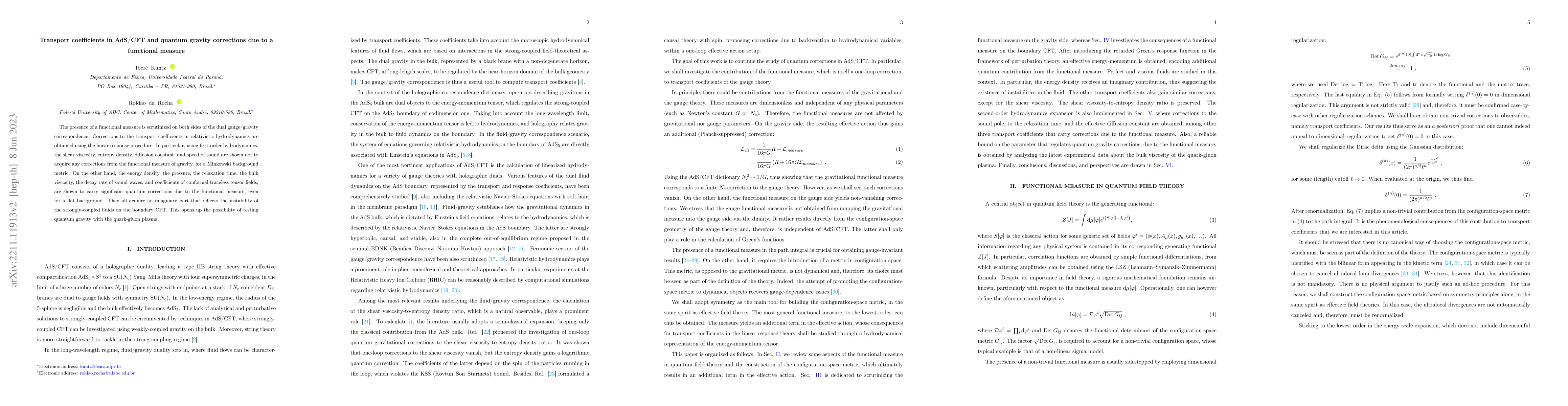 Thumbnail for Transport coefficients in AdS/CFT and quantum gravity corrections due to
  a functional measure