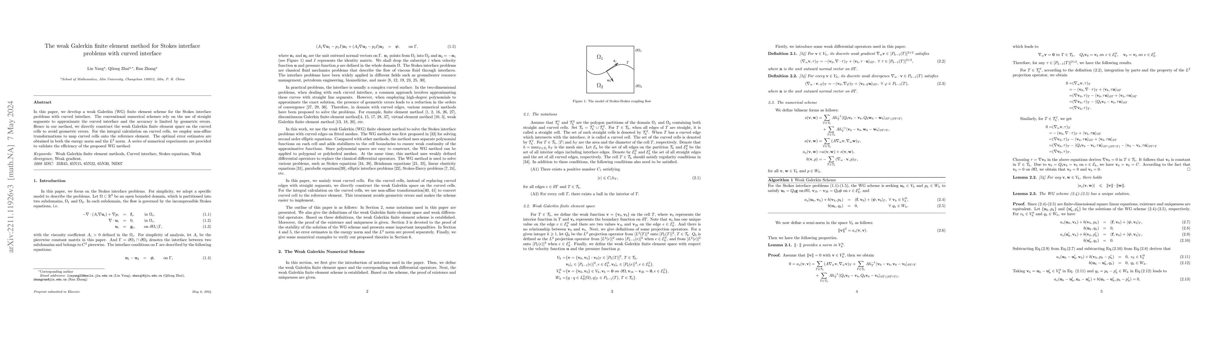 Thumbnail for The weak Galerkin finite element method for Stokes interface problems
  with curved interface