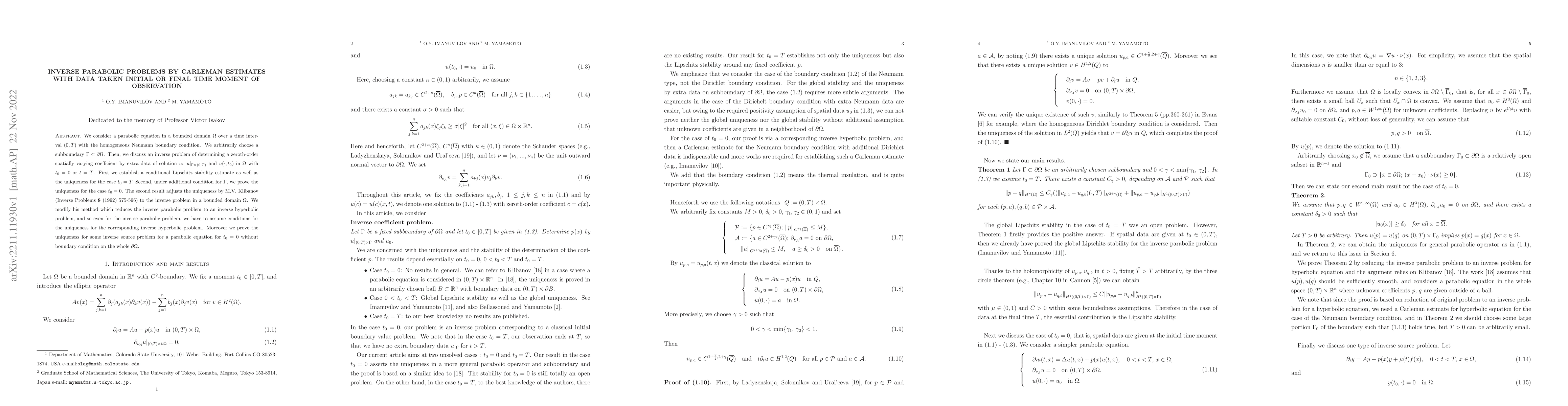 Thumbnail for Inverse parabolic problems by Carleman estimates with data taken initial
  or final time moment of observation