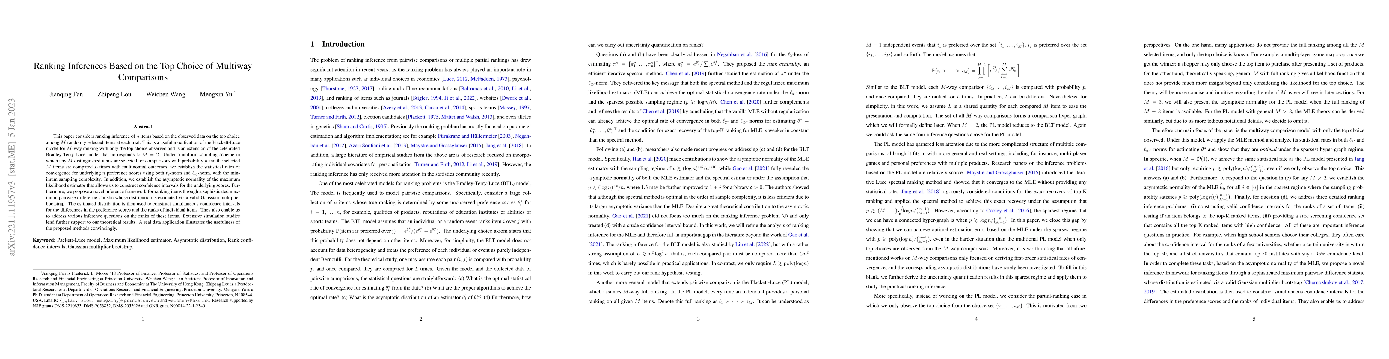 Thumbnail for Ranking Inferences Based on the Top Choice of Multiway Comparisons