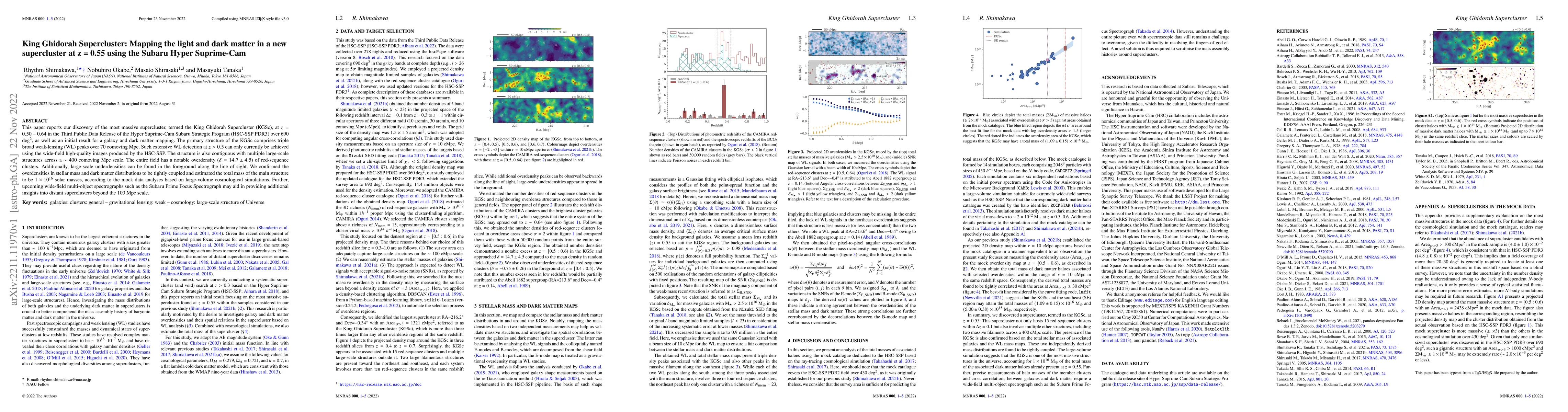 Thumbnail for King Ghidorah Supercluster: Mapping the light and dark matter in a new
  supercluster at z=0.55 using the Subaru Hyper Suprime-Cam