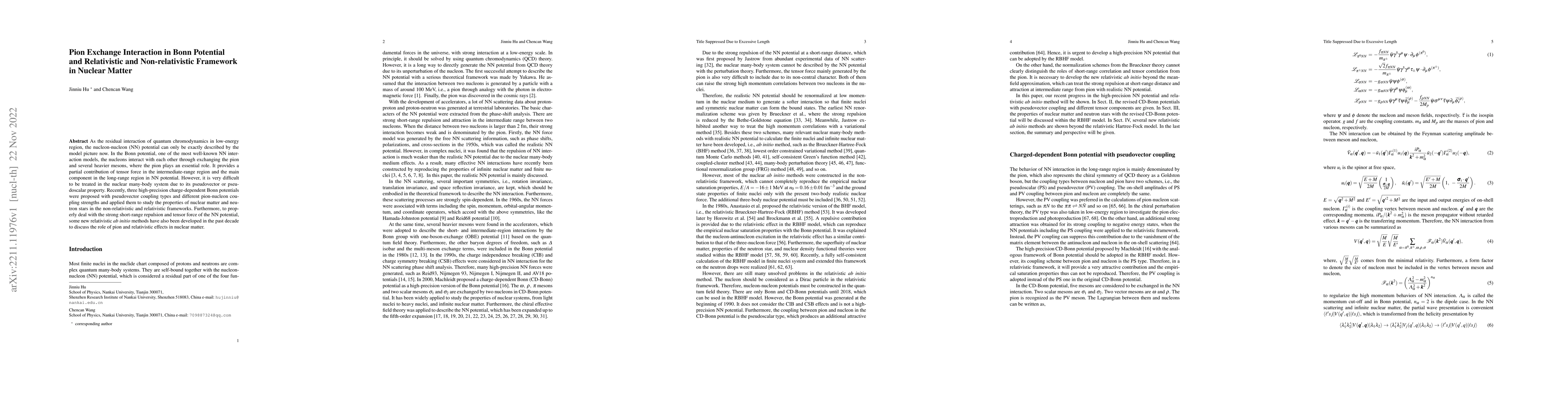 Thumbnail for Pion Exchange Interaction in Bonn Potential and Relativistic and
  Non-relativistic Framework in Nuclear Matter