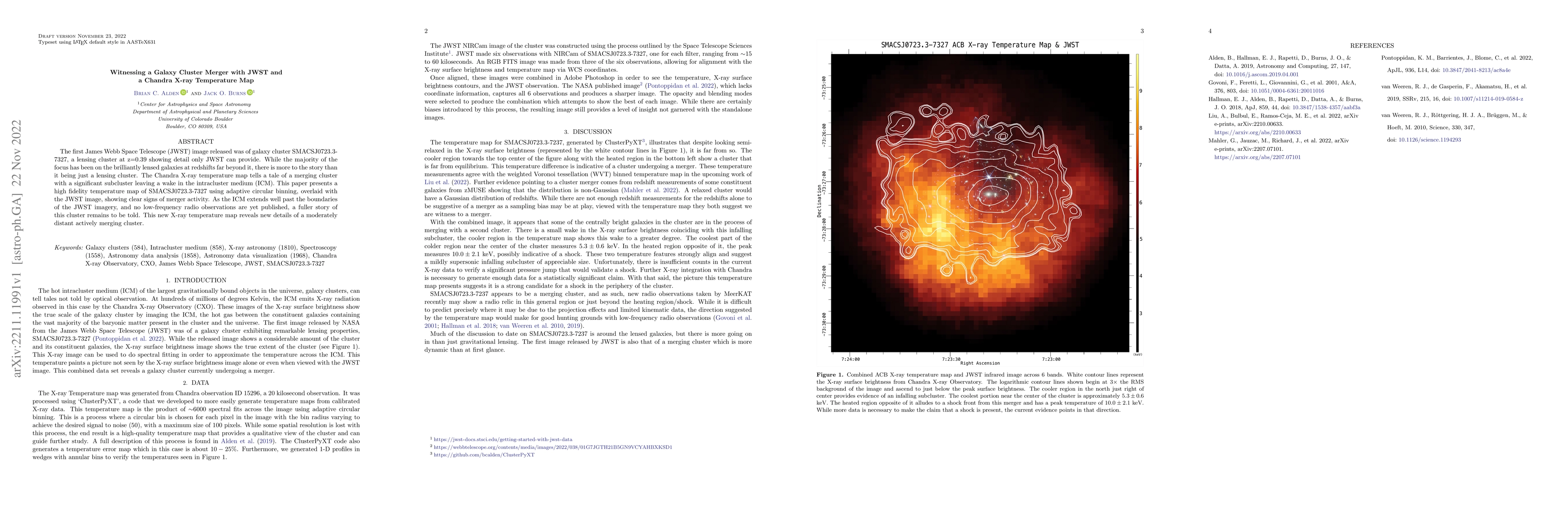 Thumbnail for Witnessing a Galaxy Cluster Merger with JWST and a Chandra X-ray
  Temperature Map