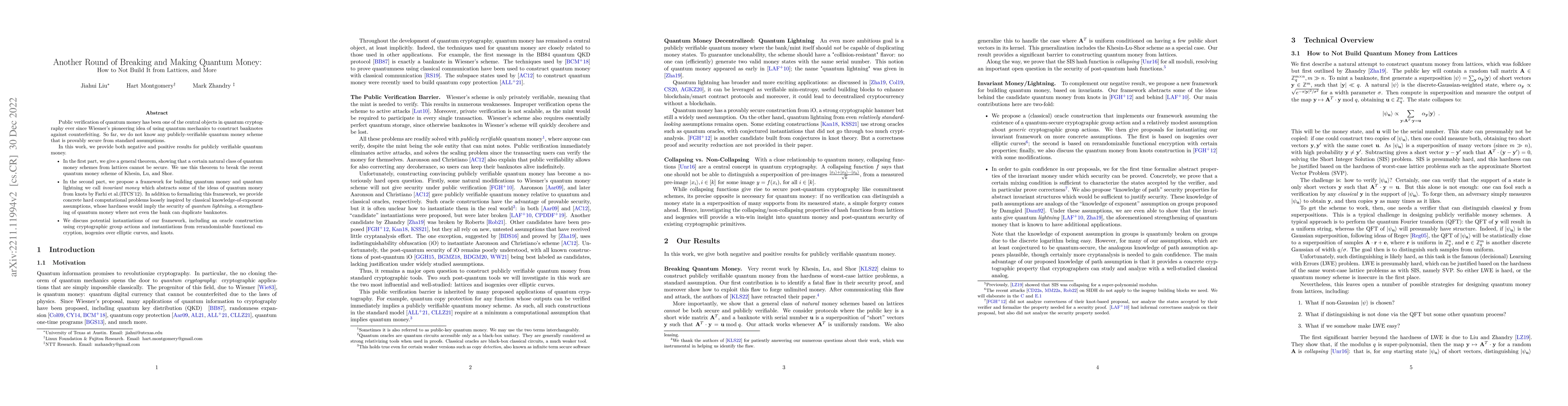 Thumbnail for Another Round of Breaking and Making Quantum Money: How to Not Build It
  from Lattices, and More