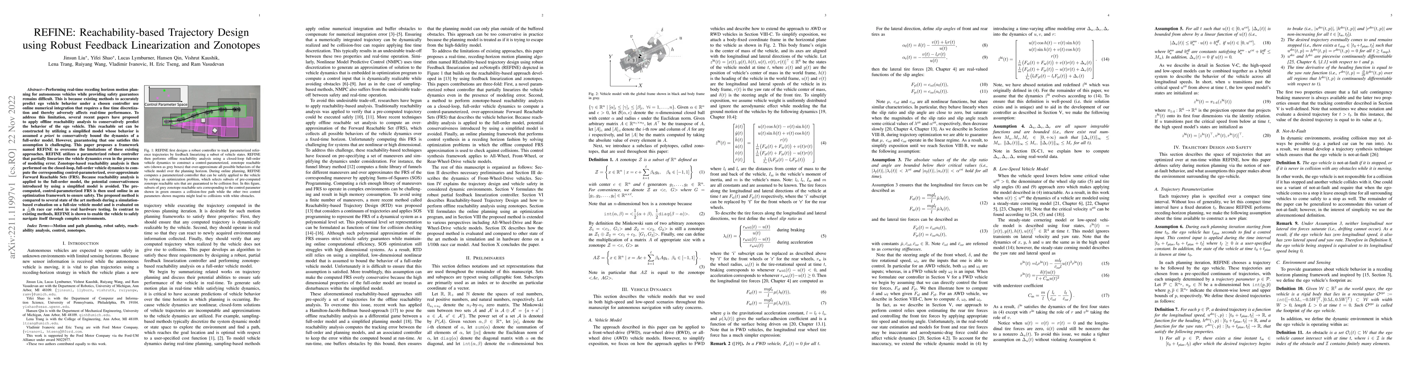 Thumbnail for REFINE: Reachability-based Trajectory Design using Robust Feedback
  Linearization and Zonotopes
