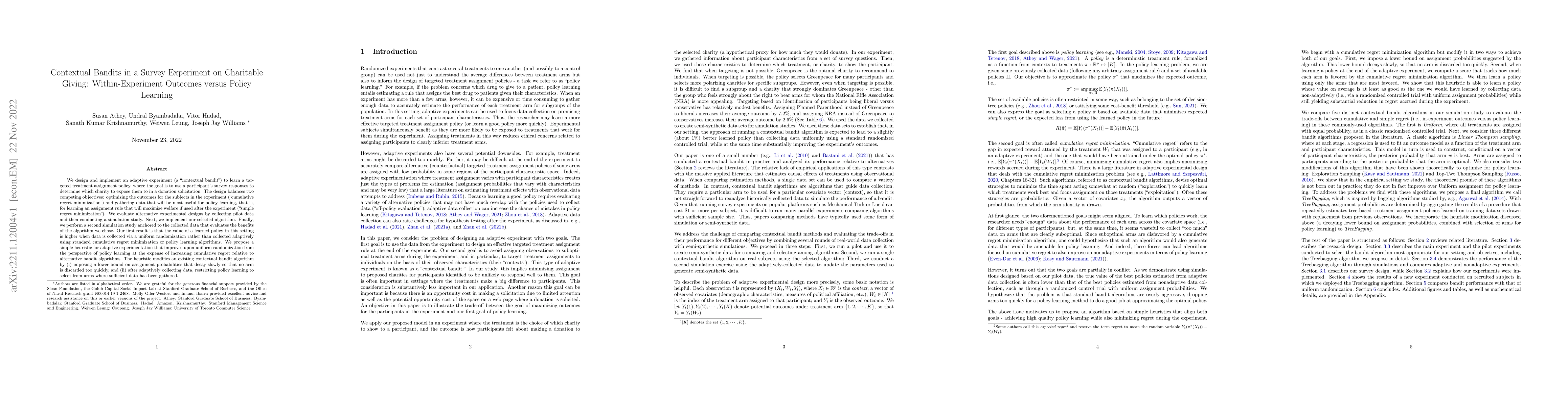 Thumbnail for Contextual Bandits in a Survey Experiment on Charitable Giving:
  Within-Experiment Outcomes versus Policy Learning