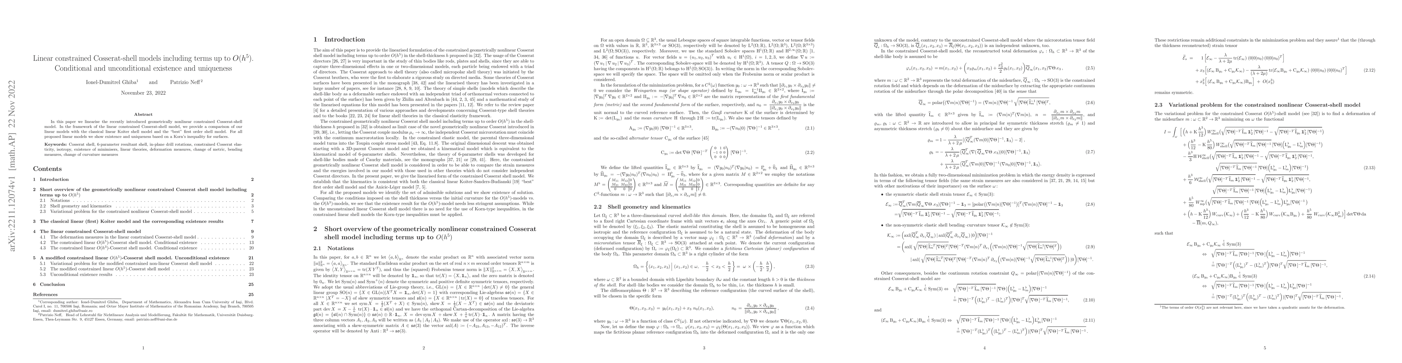 Thumbnail for Linear constrained Cosserat-shell models including terms up to
  ${O}(h^5)$. Conditional and unconditional existence and uniqueness