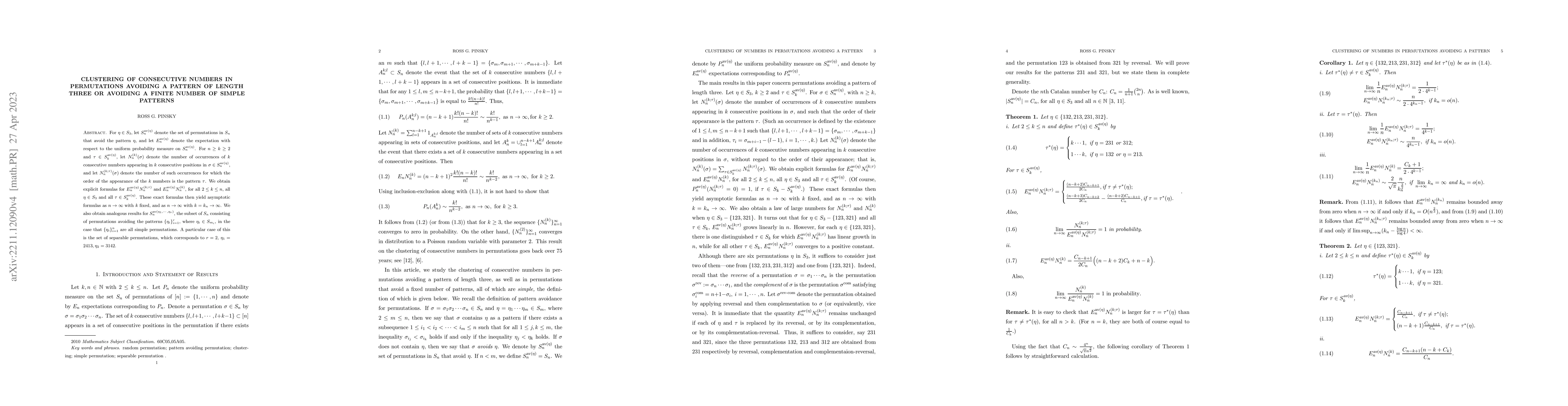 Thumbnail for Clustering of consecutive numbers in permutations avoiding a pattern of
  length three or avoiding a finite number of simple patterns