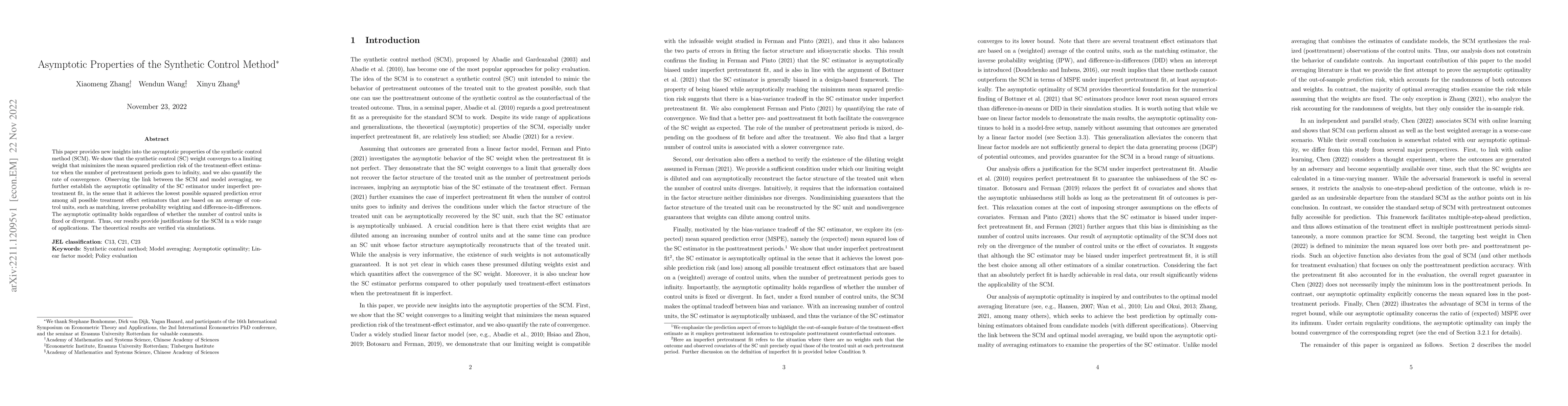 Thumbnail for Asymptotic Properties of the Synthetic Control Method