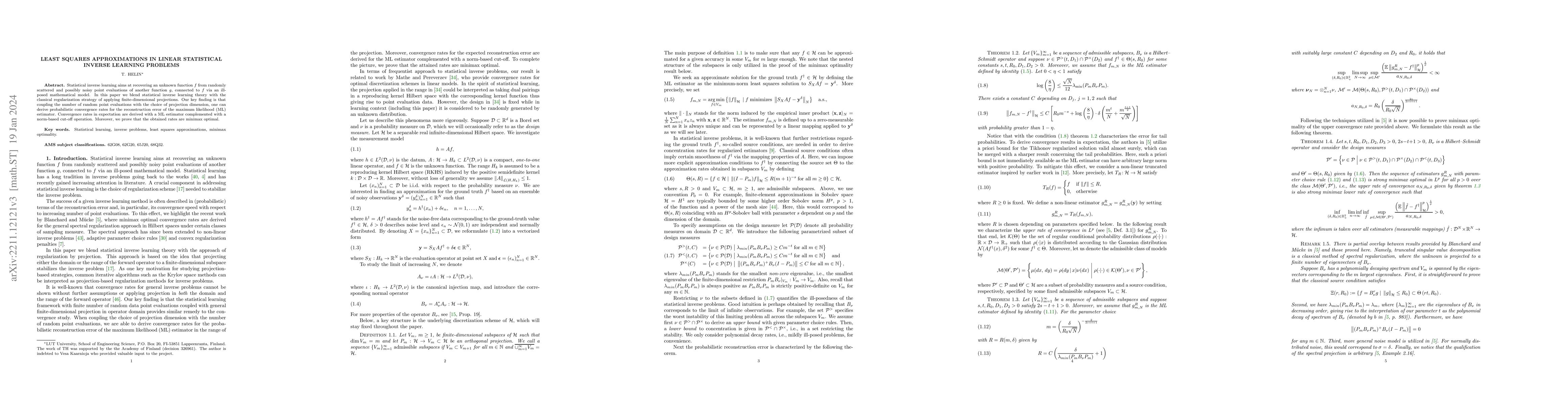 Thumbnail for Least squares approximations in linear statistical inverse learning
  problems