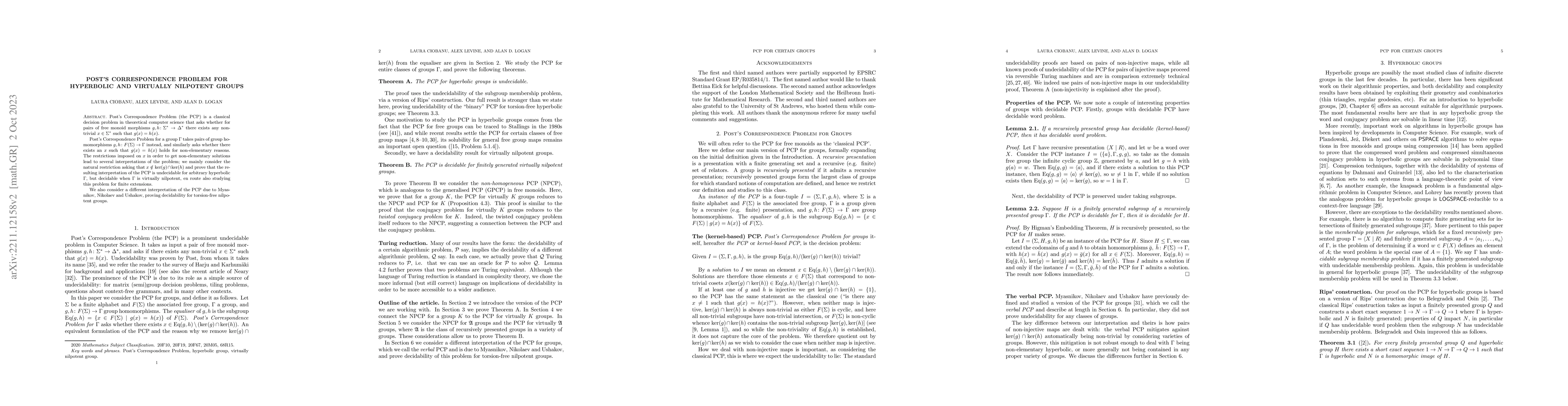 Thumbnail for Post's correspondence problem for hyperbolic and virtually nilpotent
  groups