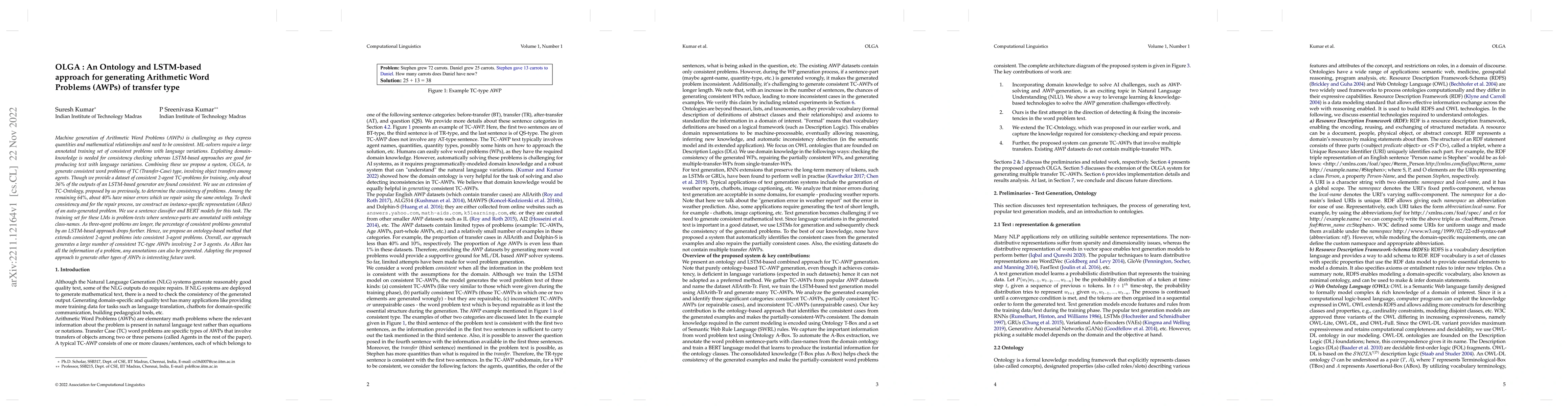 Thumbnail for OLGA : An Ontology and LSTM-based approach for generating Arithmetic
  Word Problems (AWPs) of transfer type