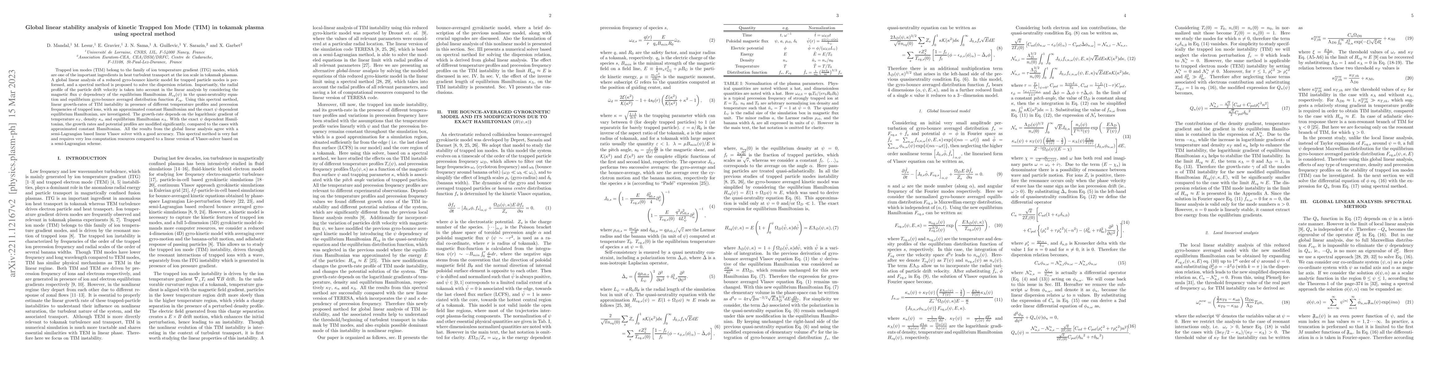 Thumbnail for Global linear stability analysis of kinetic Trapped Ion Mode (TIM)
  turbulence in tokamak plasma using spectral method