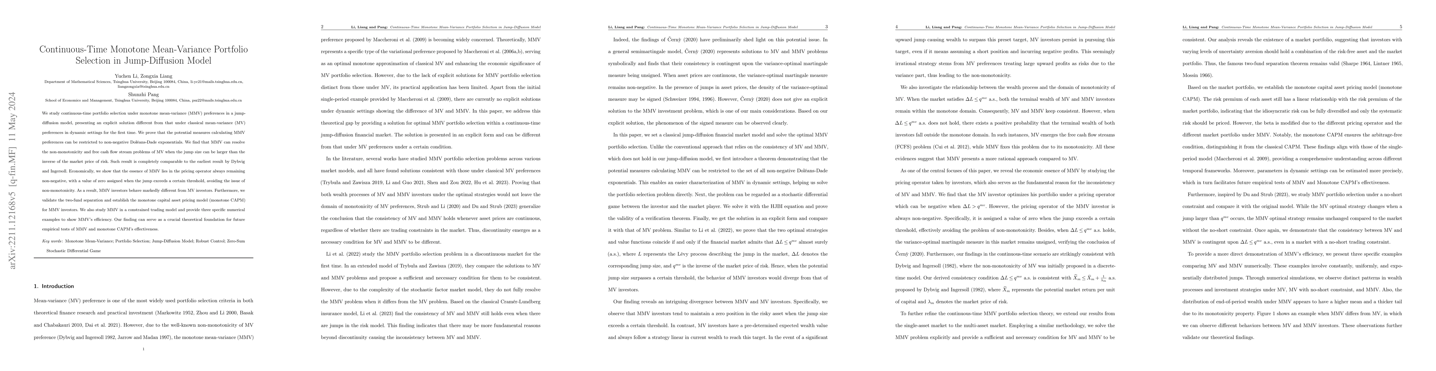 Thumbnail for Continuous-Time Monotone Mean-Variance Portfolio Selection in
  Jump-Diffusion Model