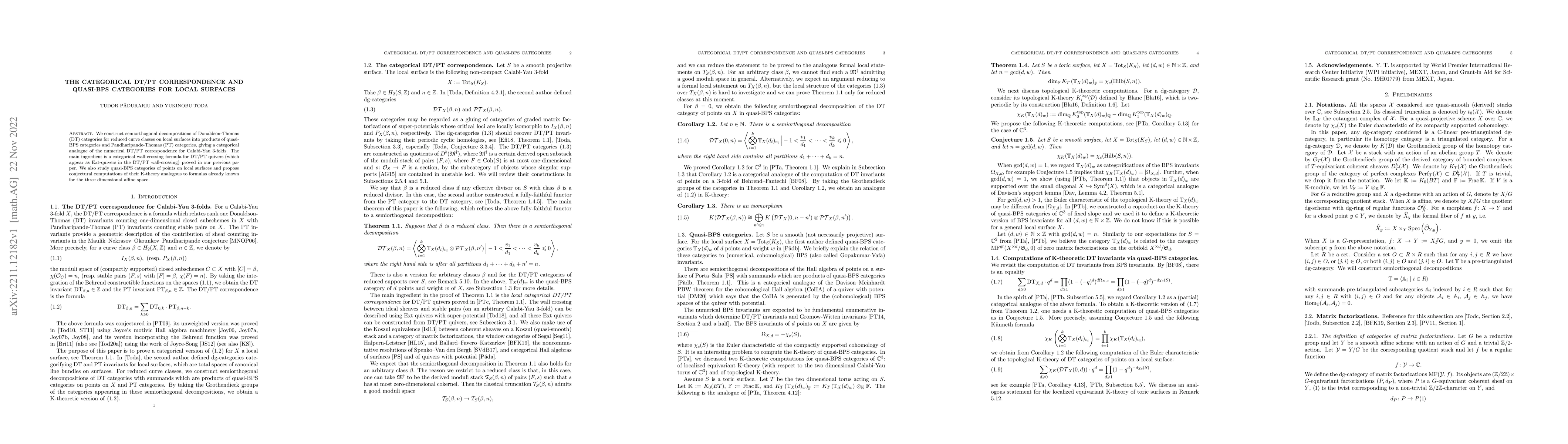 Thumbnail for The categorical DT/PT correspondence and quasi-BPS categories for local
  surfaces