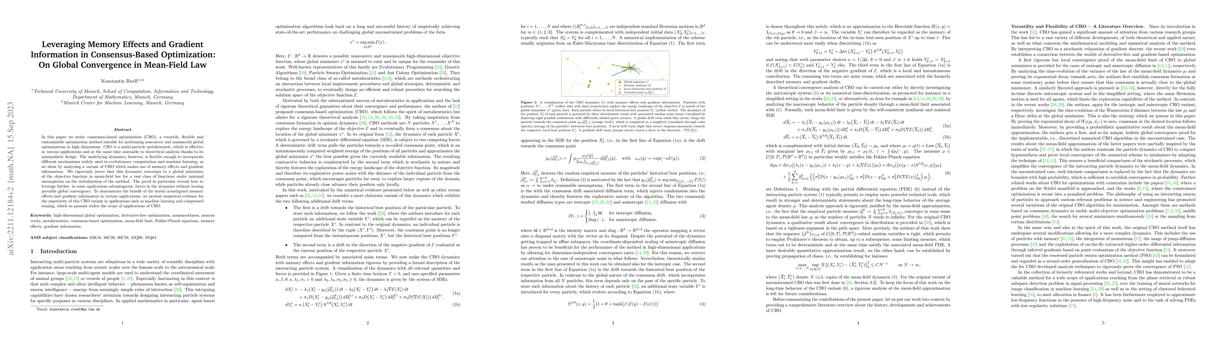 Thumbnail for Leveraging Memory Effects and Gradient Information in Consensus-Based
  Optimization: On Global Convergence in Mean-Field Law