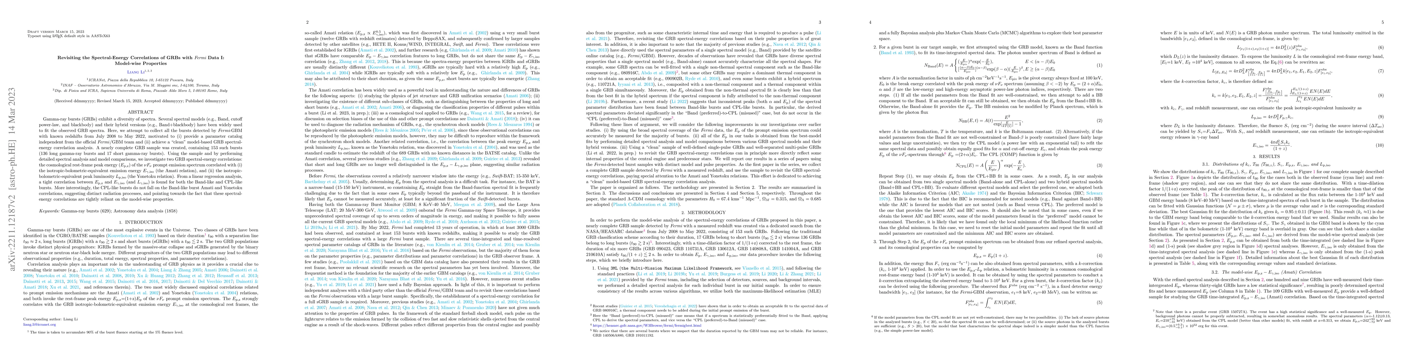 Thumbnail for Revisiting the Spectral-Energy Correlations of GRBs with {\it Fermi}
  Data I: Model-wise Properties