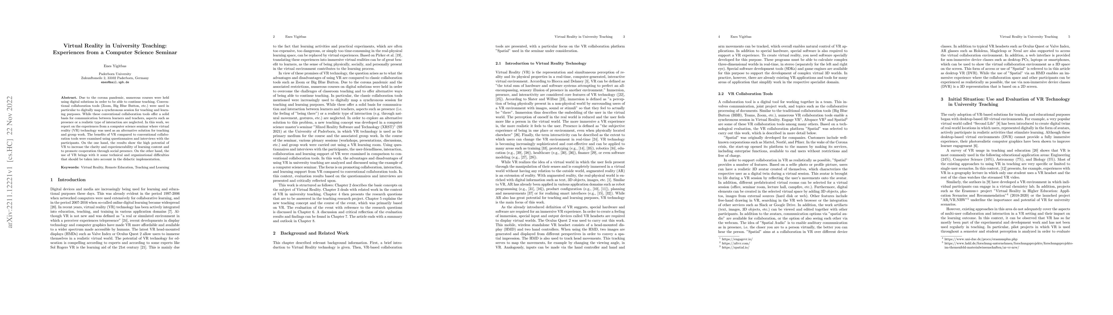 Thumbnail for Virtual Reality in University Teaching: Experiences from a Computer
  Science Seminar
