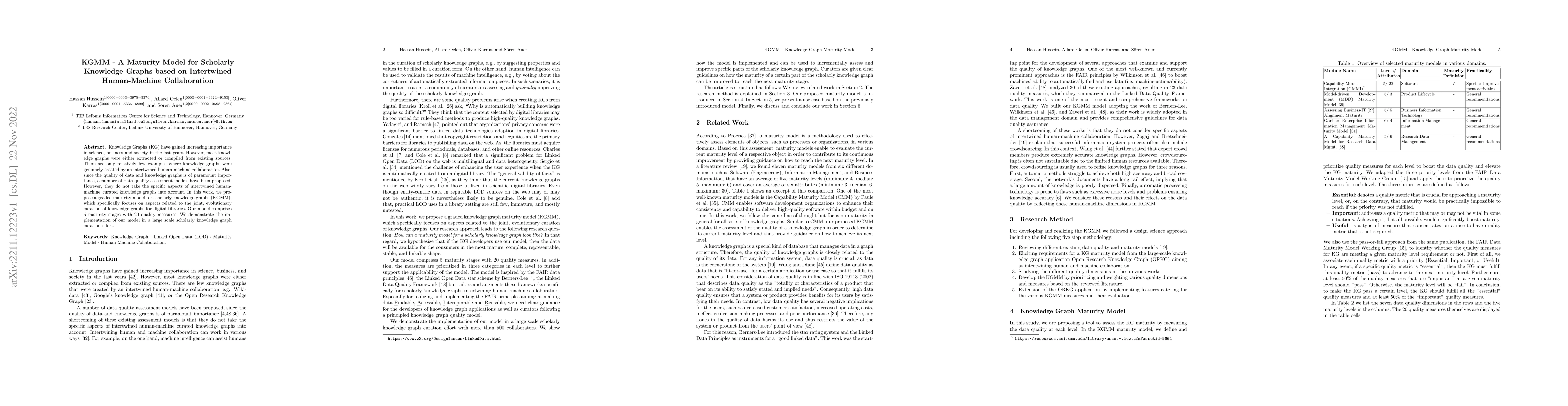 Thumbnail for KGMM -- A Maturity Model for Scholarly Knowledge Graphs based on
  Intertwined Human-Machine Collaboration
