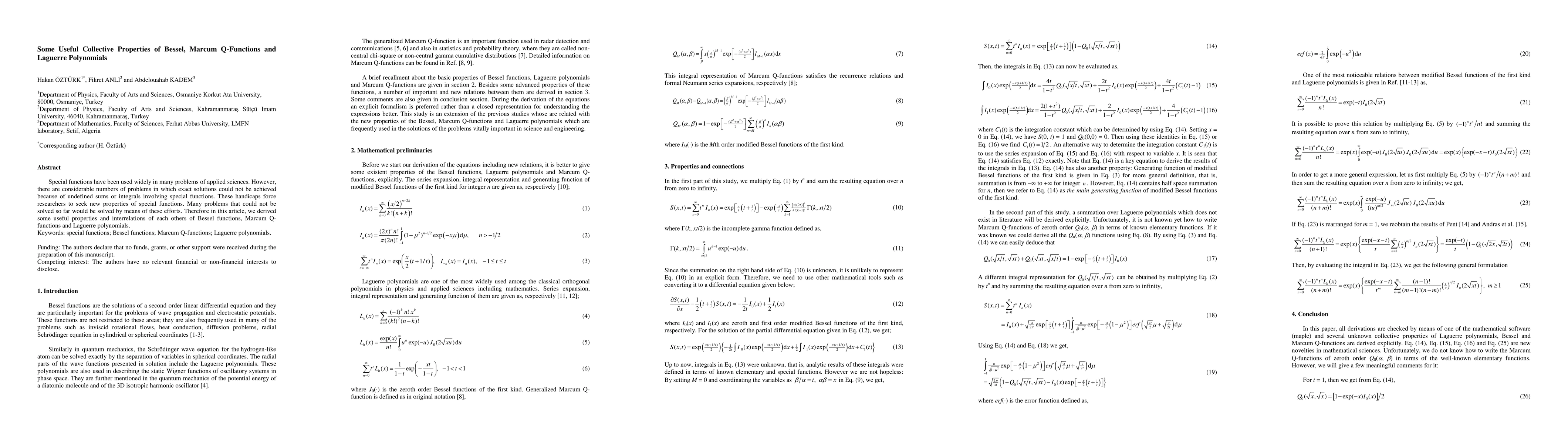 Thumbnail for Some Useful Collective Properties of Bessel, Marcum Q-Functions and
  Laguerre Polynomials