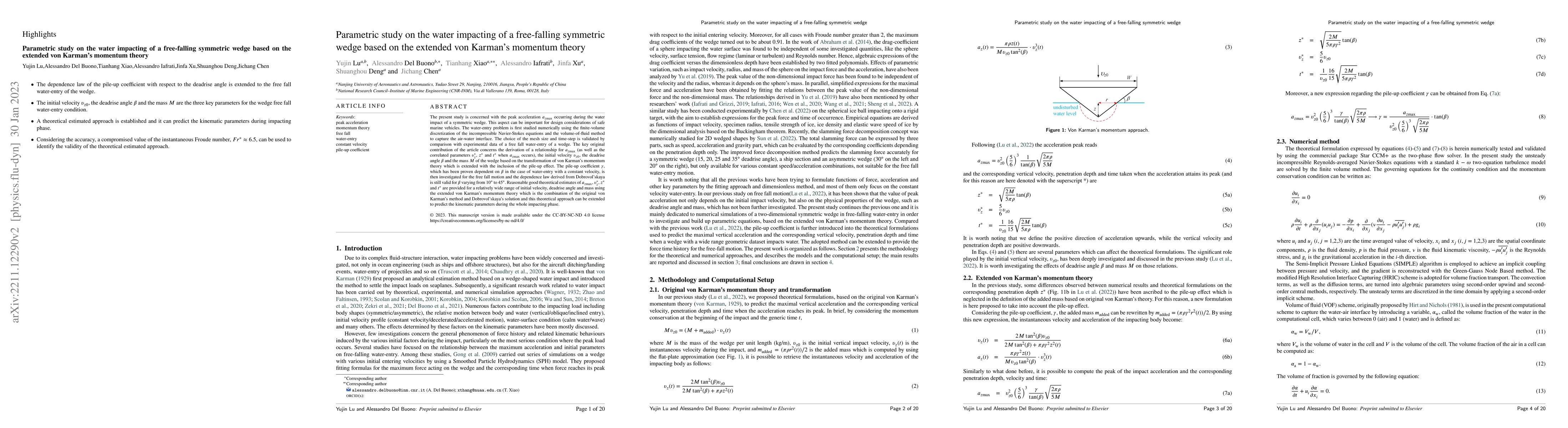 Thumbnail for Parametric study on the water impacting of a free-falling symmetric
  wedge based on the extended von Karman's momentum theory
