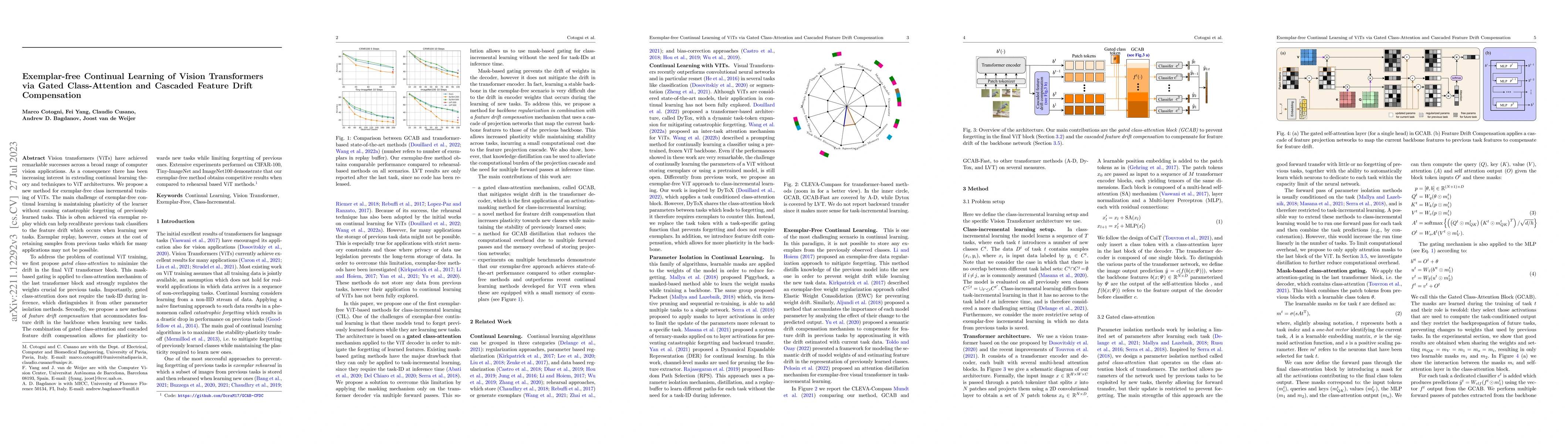 Thumbnail for Exemplar-free Continual Learning of Vision Transformers via Gated
  Class-Attention and Cascaded Feature Drift Compensation