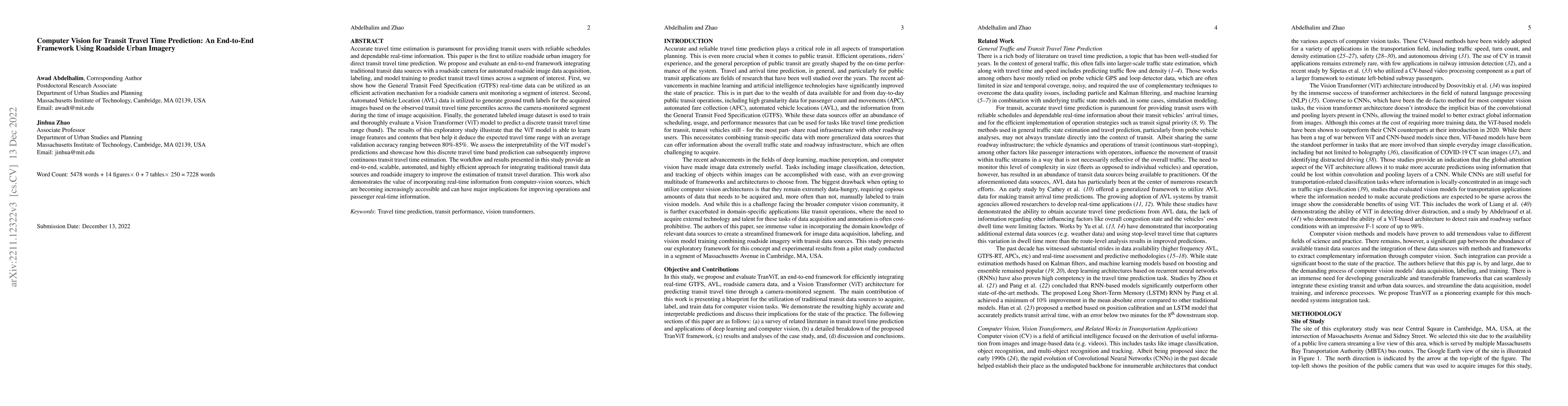 Thumbnail for Computer Vision for Transit Travel Time Prediction: An End-to-End
  Framework Using Roadside Urban Imagery